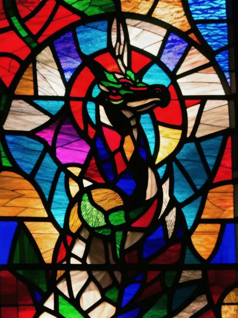 best quality,masterpiece,highly detailed,ultra-detailed, Stained glass of Cubism dragon, a black beak, and dark streaks on its breast.
 