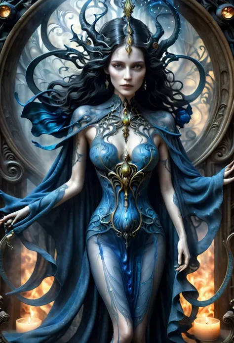 a dark goddess, pale blue skin, floating around in ghostly intricate flowing mist cape, Hans Ruedi Giger style, fantasy, art nouveau, tarot card style, (best quality,4k,8k,highres,masterpiece:1.2),ultra-detailed,(realistic,photorealistic,photo-realistic:1....