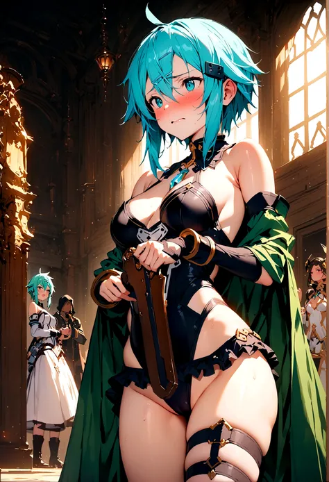 NSFW,masterpiece,Highest quality,High resolution,Super detailed,Sinon(Sword Art Online),Bare shoulders,Removable sleeves,Hand guard,leotard,Cape,Frilled mini skirt,gem, hair ornaments, Hair Clip,Thigh straps,Embarrassed,A patient face,(Lust),(Estrus),blush...