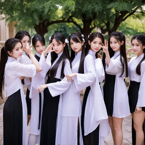 high resolution、five girls、black hanfu、standing with your legs apart、palace、dim、put your hand over your mouth、long hair、ponytail...