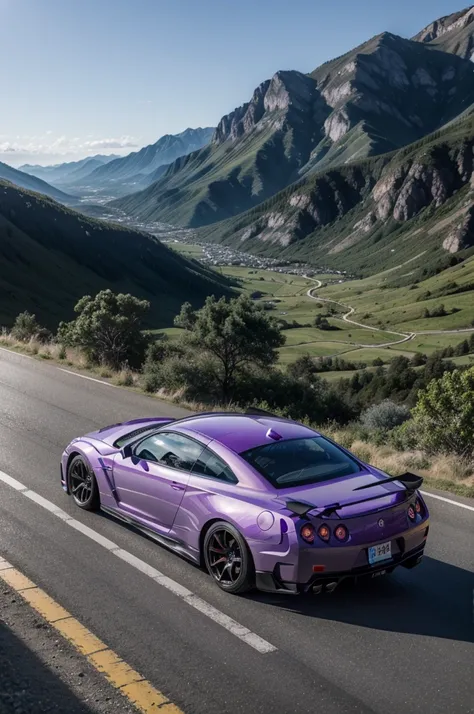 a purple gtr r34 stops on a mountain