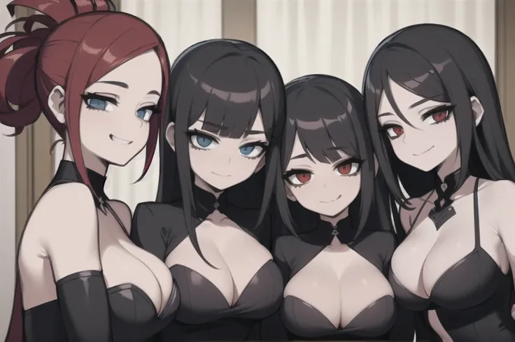 four sexy goth women who are wives of 4 years old boy, looking at camera, seductive smiles, portrait, various hair