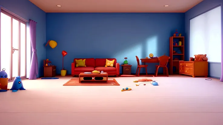 Cartoon scene of an empty room, 3D animation film, animated film, 3d pixar animation style, pixar renderman rendering, maia 8 mil, animated film, Disney Pixar 3D Style, , Disney Pixar animation