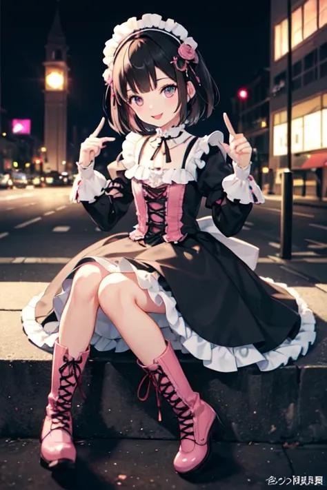 Highest quality、Black Hair、Iris、short hair、girl、cute、16 years old、、Small hair ornament、1 person、(Pink Gothic Lolita:1.3)),Lace-up boots,smile、In the city、