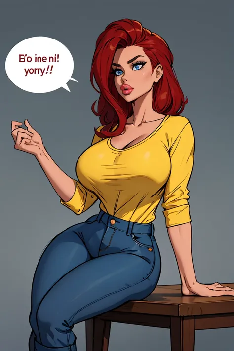 mulher ruiva com seios grandes, rabo de cavalo, camisa vermelha, denim trousers, casual scenario she is leaning on something, a ...