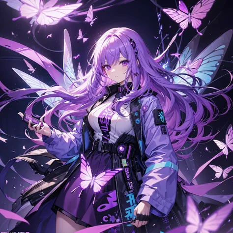 Create a manhwa-style illustration of an adult woman with long purple hair, wearing cyberpunk clothes. Behind her, there is a purple symbol of magic from which three translucent purple butterflies are emerging.