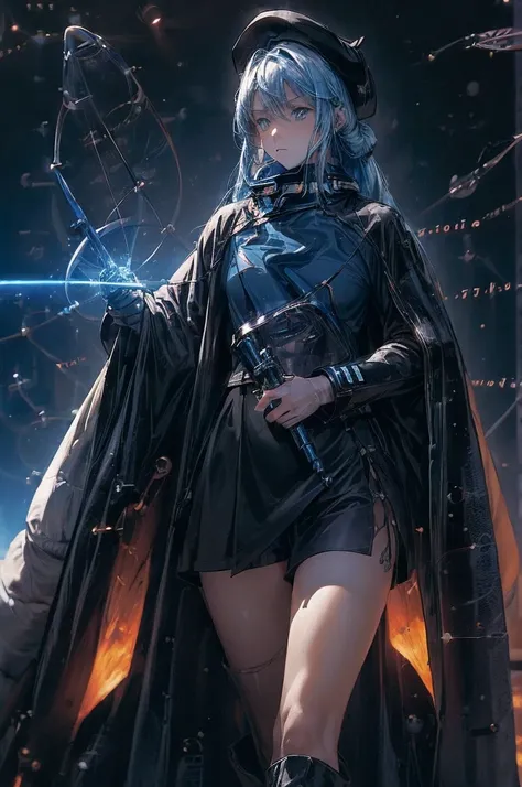 (((((((science fiction space fantasy)))))))A badass woman, an adult, (A female commander), ((a leader of a fleet of intergalactic armies)), White high ponytail with a glowing light blue highlights at the ends, Wielding a sword with deep blue aura, the myst...