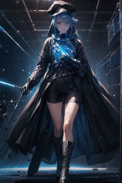 (((((((science fiction space fantasy)))))))A badass woman, an adult, (A female commander), ((a leader of a fleet of intergalactic armies)), White high ponytail with a glowing light blue highlights at the ends, Wielding a sword with deep blue aura, the myst...