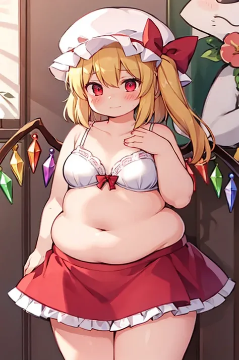 flandre_scarlet, chubby, standing, short height, blushing, 4th grade, young kindergartener, white bra, shy