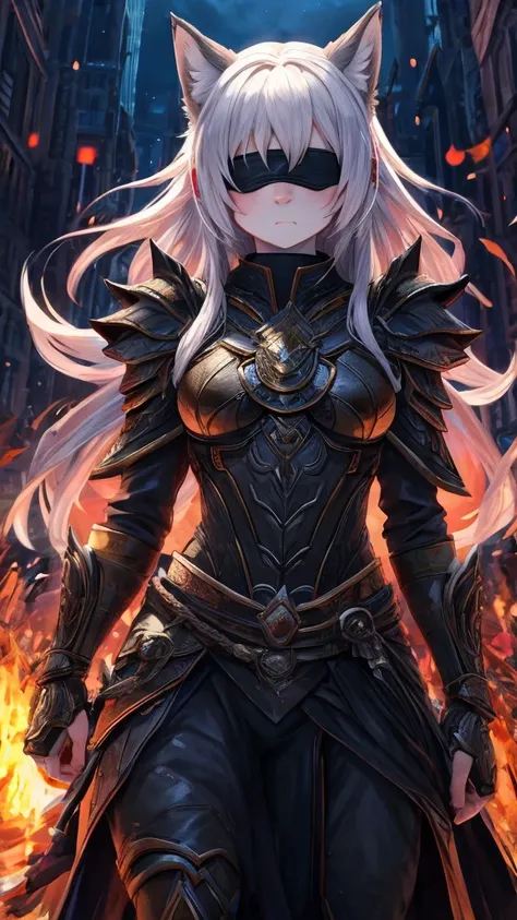 a single furry girl with black armor standing in middle of the night with a black broadsword, humanoid, anthro girl, furry girl, wolf ears, white hair, white skin, no eyes, black blindfold, voluptuous, angry face, black armor, beautiful background, anime s...