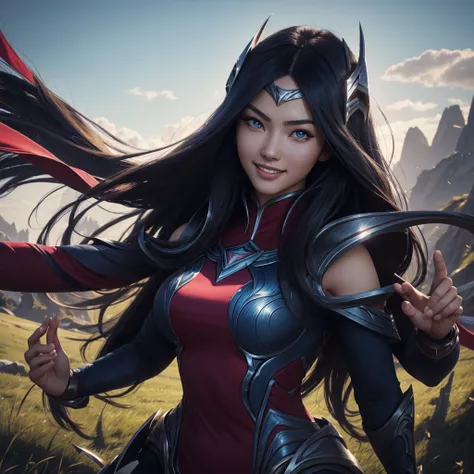 irelia from league of legends, a beautiful 24 years old woman, asian girl, dark blue long hair, blue eyes, fit body, she control...