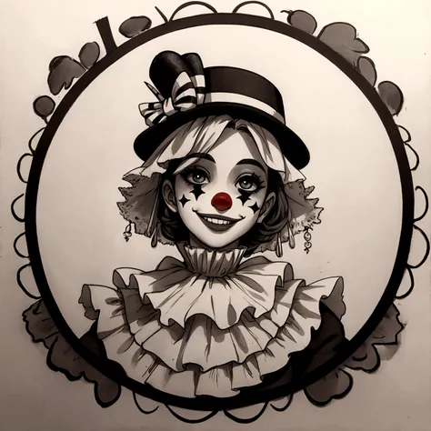 It is a smiling character who is a clown type and has a hat and painted face.