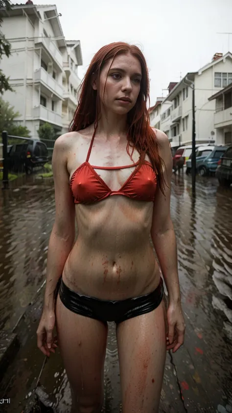 there is a woman with red hair and a bikini on a street, a photorealistic painting inspired by Elsa Bleda, featured on cgsociety, renaissance, pretty girl standing in the rain, photography alexey gurylev, photography alexey kurylev, covered with tar. dslr,...