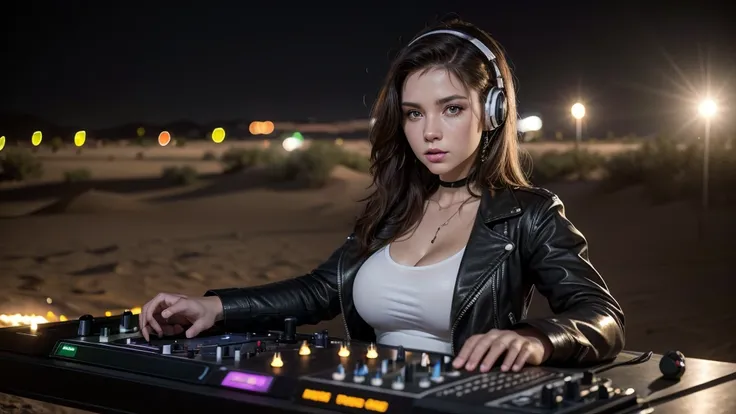 Photo of woman operating a DJ table in the desert, de corpo inteiro, 25 year old female, white, Ukrainian, greeneyes, soft lips, hair brunette, athletic body, headphone dj, sunglasses, operating a professional DJ table, tactical black leather jacket and ti...