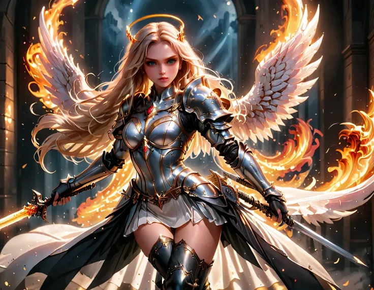 a ((medieval masterwork fresco art: 1.5)) italian renaissance style, of a 1female angel knight, spread angelic wings, glowing ha...