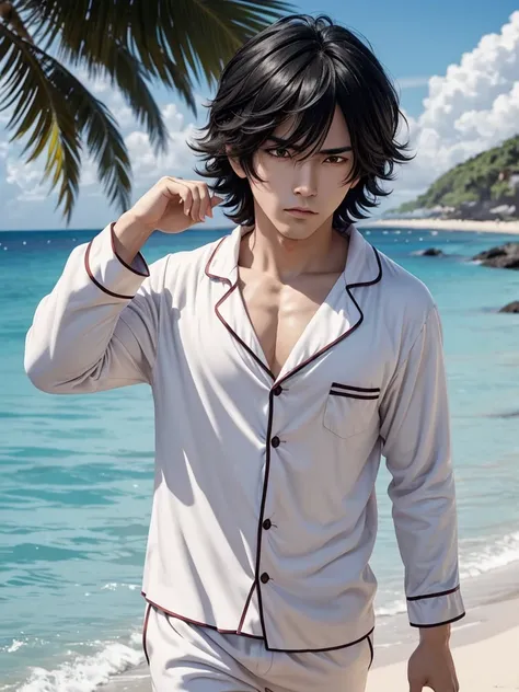 Create a single photo male anime character image,similar to a ,black hair,fluffy body,Caucasian skin,cute pajamas,with an angry face,with beach background