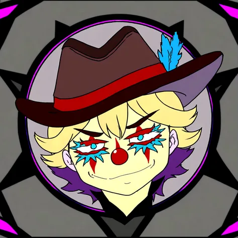 It is a smiling character who is a clown type and has a hat and painted face.