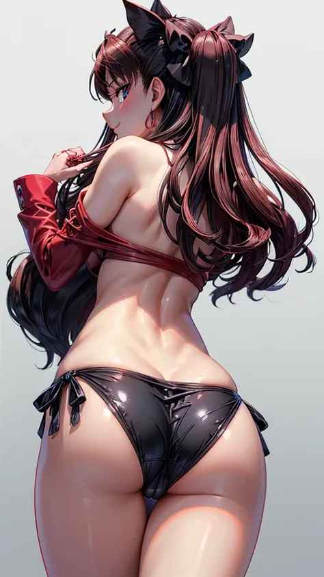 high resolution, ultra-sharp, 8k, Masterpiece,  Rin tohsaka, looking at the viewer, Photography from behind, thick ass, wearing black thong, seductive smile, beautiful face, ashamed, ashamed, sticking out ass