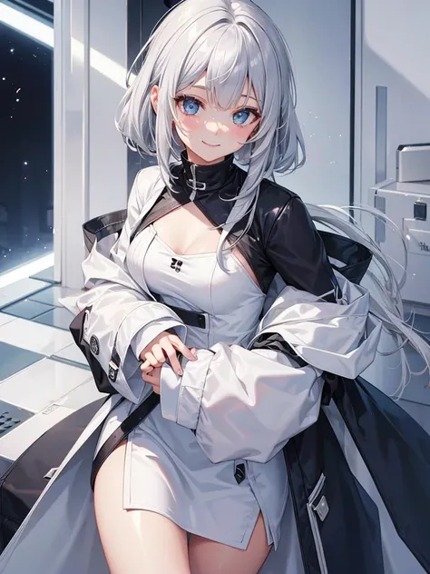 girl, silver hair, white transparan eyes, smile