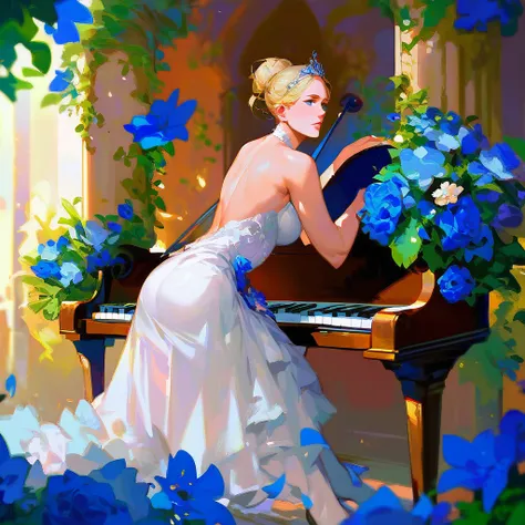 (score_9,score_8_up,score_7_up,) woman in fancy dress leaning over an upright grand piano at dusk with flowers around, 1girl, dress, solo, instrument, flower, high heels, sitting, tiara, white dress, blue eyes, blue flower, blonde hair, hair bun, Expressiv...