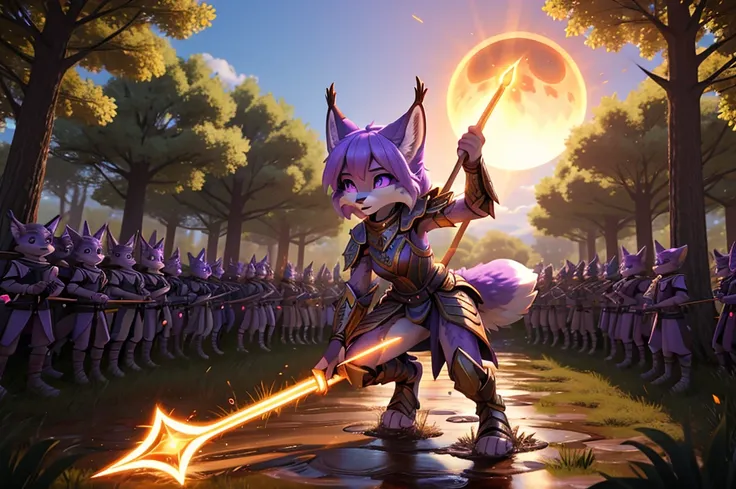 tall, slim, anthropomorphic lynx sorceress, distinctly feminine figure, detailed face, thick, fluffy, volumetric purple fur, lilac bob with bangs, violet eyes. curved horns, minimalist armor with energy lines, magic staff directed at enemies, lunge forward...