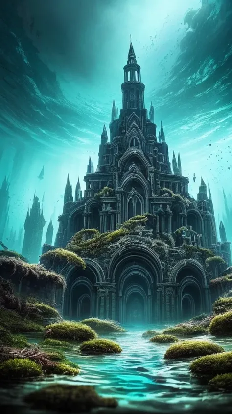 a dark and eerie looking underwater scene with a large building, underwater temple, dark city ruins, dark fantasy setting, undersea temple, underwater city, an underwater city, beautiful and mysterious, dark fantasy world, dark fantasy environment, dark fa...