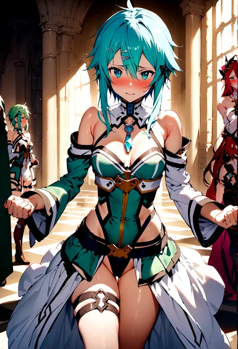 NSFW,masterpiece,Highest quality,High resolution,Super detailed,Sinon(Sword Art Online),Bare shoulders,Removable sleeves,Hand guard,leotard,Cape,Frilled mini skirt,gem, hair ornaments, Hair Clip,Thigh straps,Embarrassed,A patient face,(Lust),(Estrus),blush...