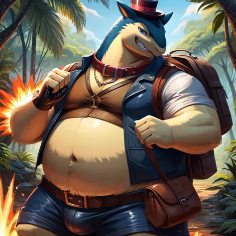 Male, fat, extremely obese, gentleman, Typhlosion, blue eyes, (posing:1.3), (soft shading), 4k, hi res, ((detailed face, detailed)), looking at viewer, evil grin, jungle, forest, shirt, top hat, male focus, Explorer Outfit, glasses, bag, vest, backpack, sl...