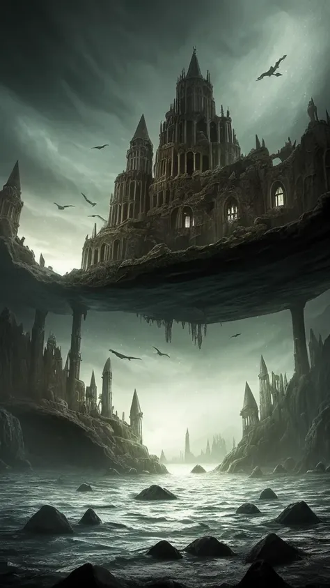 a dark and eerie looking underwater scene with a large building, a matte painting by Harry Haenigsen, pinterest, gothic art, underwater temple, dark city ruins, dark fantasy setting, undersea temple, underwater city, an underwater city, beautiful and myste...