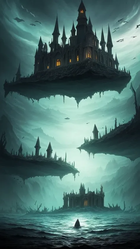 a dark and eerie looking underwater scene with a large building, a matte painting by Harry Haenigsen, pinterest, gothic art, underwater temple, dark city ruins, dark fantasy setting, undersea temple, underwater city, an underwater city, beautiful and myste...