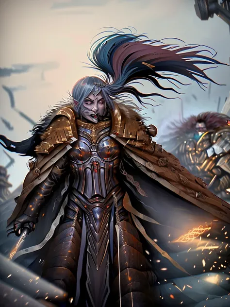 (Ultra-detailed face, Roar, shout:1.3), (Fantasy Illustration with Gothic & Ukiyo-e & Comic Art), (Full Body, A middle-aged dark elf woman with gray hair, blunt bangs, Very long disheveled hair, and dark purple skin, lavender eyes), (The Queen of War is dr...