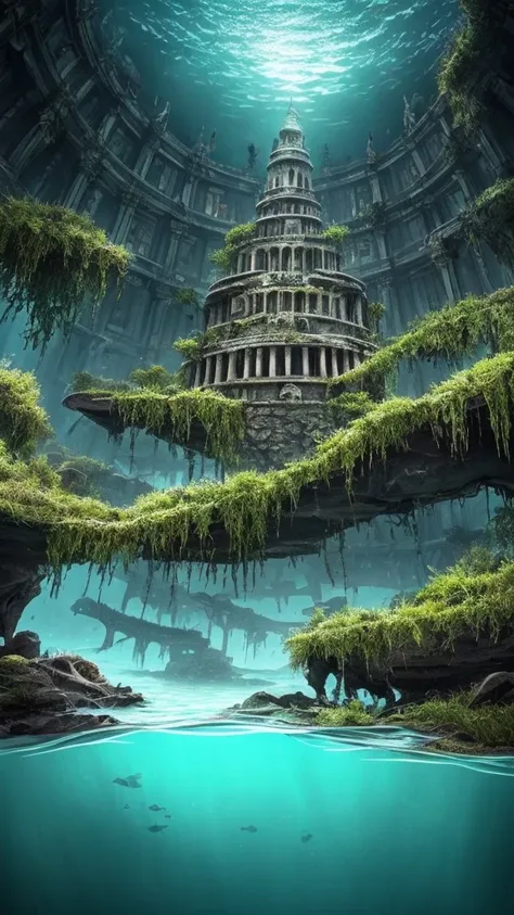 a dark and eerie looking underwater scene with a large building, underwater temple, dark city ruins, dark fantasy setting, undersea temple, underwater city, an underwater city, beautiful and mysterious, dark fantasy world, dark fantasy environment, dark fa...