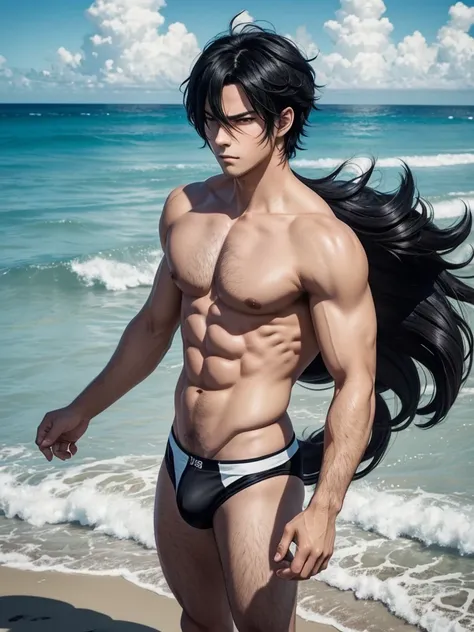 Create a single photo male anime character image,similar to a ,black hair,corpo fluffly,Caucasian skin, fluffly,with an angry face,with beach background