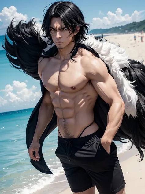 Create a single photo male anime character image,similar to a ,black hair,corpo fluffly,Caucasian skin, fluffly,with an angry face,with beach background