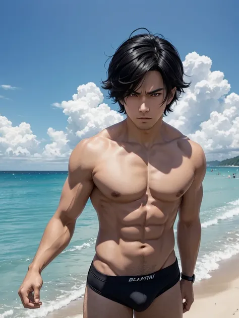 Create a single photo male anime character image,similar to a ,black hair,corpo fluffly,Caucasian skin, fluffly,with an angry face,with beach background