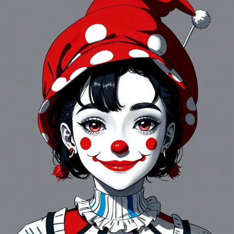 It is a smiling character who is a clown type and has a hat and painted face.