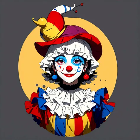 It is a smiling character who is a clown type and has a hat and painted face.