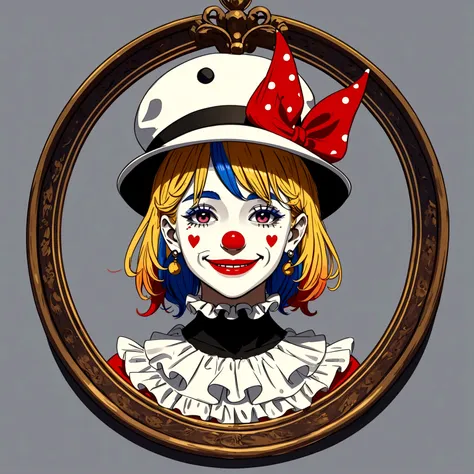 It is a smiling character who is a clown type and has a hat and painted face.