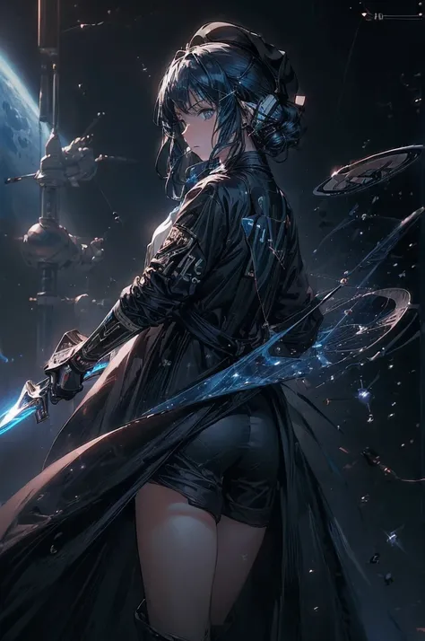 (((((((science fiction space fantasy)))))))A badass woman, an adult, (A female commander), ((a leader of a fleet of intergalactic armies)), White high ponytail with a glowing light blue highlights at the ends, Wielding a sword with deep blue aura, the myst...