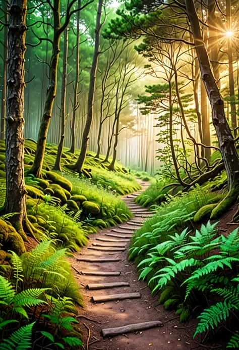 picture of small path in the forest leading to distant holy and magical forest