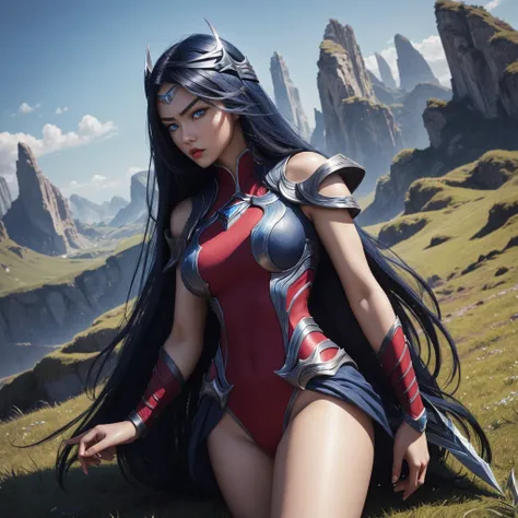 irelia from league of legends, a beautiful 24 years old woman, asian girl, dark blue long hair, blue eyes, fit body, she control...