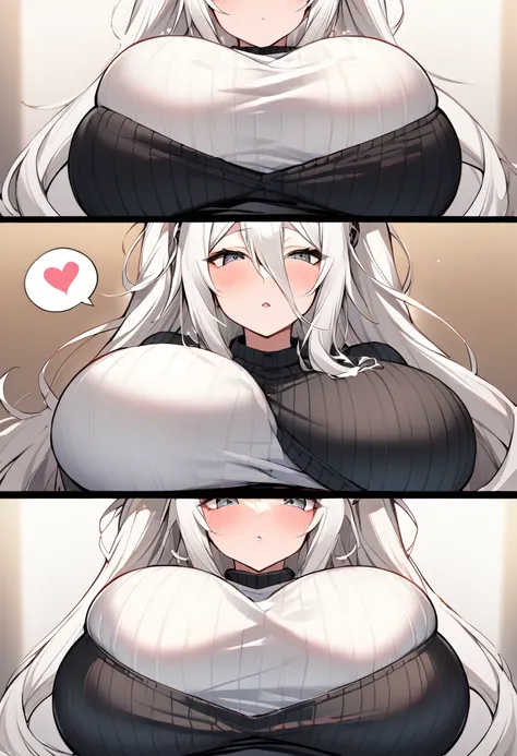 Shishirabotan、Black knitted clothes、Vertical sweater clothes、Black sweater、Huge breasts:1.5、sagging breast:1.5、1girl、portrait、spoken heart、face focus、straight hair、Twin tails、Slightly messy hair、White lion、paizuri under clothes