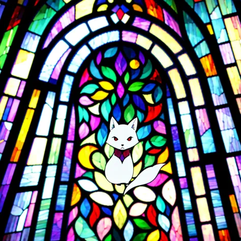 A white fox angry, stained glass window, close up --no frame border window