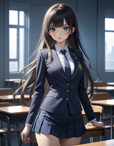 2.5d anime,best quality, masterpiece, high resolution,cowboy shot,1woman,25 year old beauty,black hair,long hair,blunt bangs,black eyes,gorgeous eyes,shy,Academy服、Navy blue tie、Dark blue blazer jacket,Navy blue mini skirt、medium breasts, skinny,slender bod...