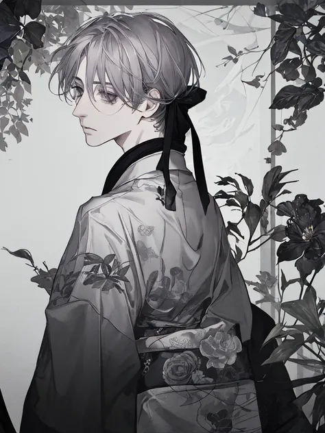 male,High nose,Thin eyebrows,ephemeral,lonely,From the back,look back,Long eyelashes,Gray Hair,yukata,tobacco