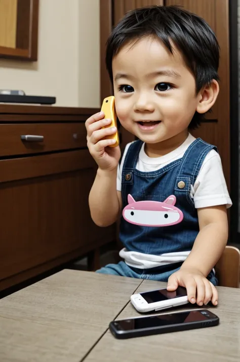 A Chibi boy is having fun playing with his cell phone.