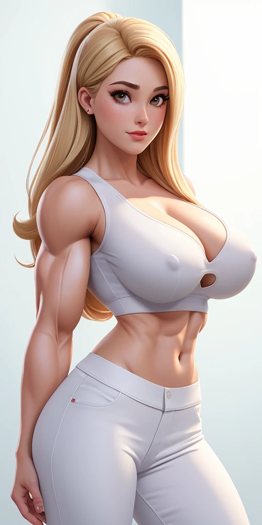 Masterpiece, highly detailed, high res, dynamic, A image of a woman in a white top and white pants, ((((Massive breasts)))), (muscular), ((((huge muscles)))) fanart da coelhinha lola, commission for high resolution, CO Commission, Gwen Stacy, corpo perfeit...