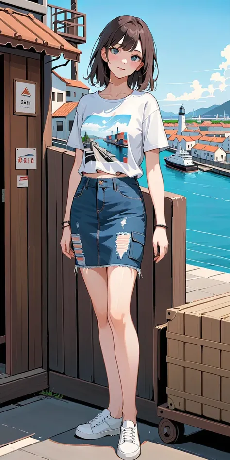 pretty young women, (t-shirt and denim cargo skirt), looking at viewer, port city scenery