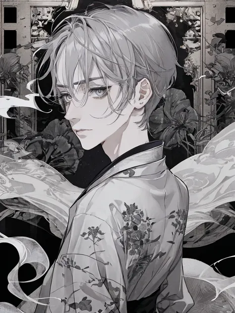 male,High nose,Thin eyebrows,ephemeral,lonely,From the back,look back,Long eyelashes,Gray Hair,yukata,tobacco