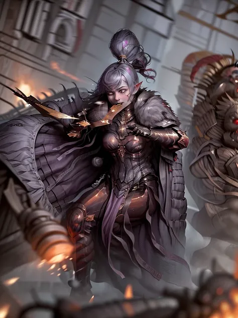 (Ultra-detailed face, Roar, shout:1.3), (Fantasy Illustration with Gothic & Ukiyo-e & Comic Art), (Full Body, A middle-aged dark elf woman with gray hair, blunt bangs, Very long disheveled hair, and dark purple skin, lavender eyes), (The Queen of War is dr...